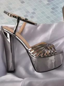 Sandales à talons chaussures femmes bout rond talons épais cuir PU