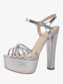 Sandales à talons chaussures femmes bout rond talons épais cuir PU