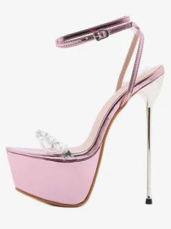 Sandales à Talons Hautes Fins Sexy Femmes avec Plateformes à Cuir Synthétique Vernis à Lacets Décors avec Paillettes avec Bout Ouvert Unicolore