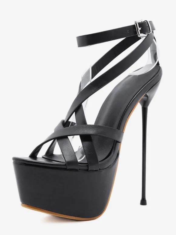 Sandales à Talons Hautes Fins Sexy Femmes avec Plateformes à Cuir Synthétique à Lacets avec Bout Ouvert Unicolore