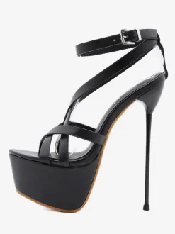 Sandales à Talons Hautes Fins Sexy Femmes avec Plateformes à Cuir Synthétique à Lacets avec Bout Ouvert Unicolore