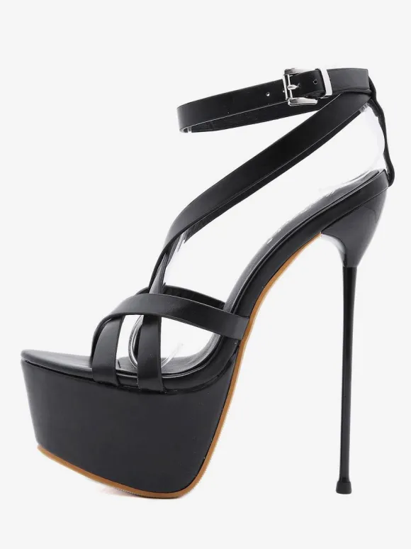 Sandales à Talons Hautes Fins Sexy Femmes avec Plateformes à Cuir Synthétique à Lacets avec Bout Ouvert Unicolore