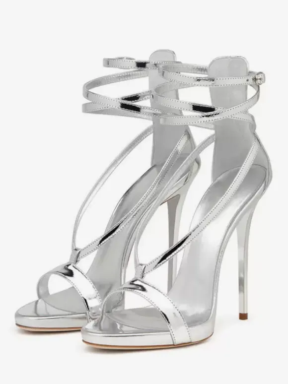 Sandales À Talons Hauts Argentées Chaussures De Soirée Bride Croisée Métallique
