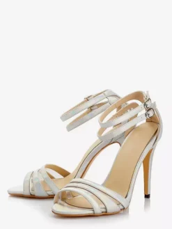 Sandales à talons hauts argentées pour femmes bout ouvert bride à la cheville chaussures de mariée