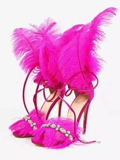 Sandales à talons hauts avec détail de plumes dorées et strass chaussures de bal de fin d'année