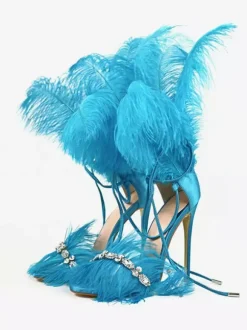 Sandales à talons hauts avec détail de plumes dorées et strass chaussures de bal de fin d'année