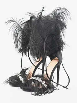 Sandales à talons hauts avec détail de plumes dorées et strass chaussures de bal de fin d'année