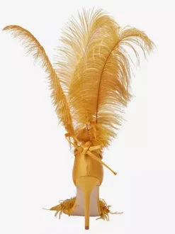 Sandales à talons hauts avec détail de plumes dorées et strass chaussures de bal de fin d'année