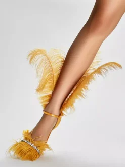 Sandales à talons hauts avec détail de plumes dorées et strass chaussures de bal de fin d'année