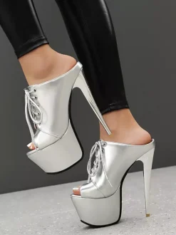 Sandales à talons hauts dorées plateforme bout ouvert lacets pour femmes