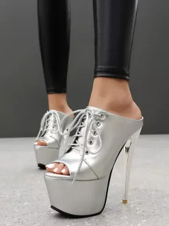 Sandales à talons hauts dorées plateforme bout ouvert lacets pour femmes
