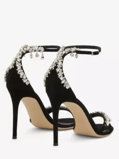 Sandales à talons hauts en daim noir bout ouvert strass talon aiguille chaussures de fête