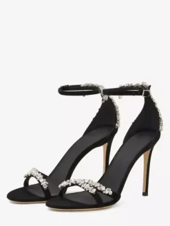 Sandales à talons hauts en daim noir bout ouvert strass talon aiguille chaussures de fête
