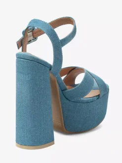 Sandales à talons hauts en denim bleu bout ouvert talon compensé