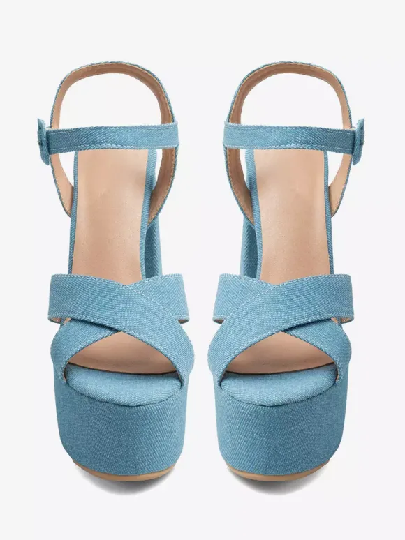 Sandales à talons hauts en denim bleu bout ouvert talon compensé