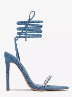 Sandales à talons hauts en jean avec strass et lacets pour femme