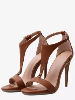 Sandales à talons hauts marron pour femmes bout ouvert talon aiguille en forme de T