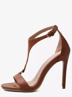Sandales à talons hauts marron pour femmes bout ouvert talon aiguille en forme de T