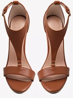 Sandales à talons hauts marron pour femmes bout ouvert talon aiguille en forme de T