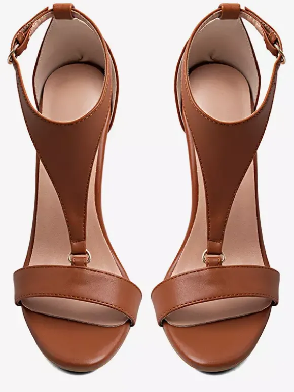 Sandales à talons hauts marron pour femmes bout ouvert talon aiguille en forme de T