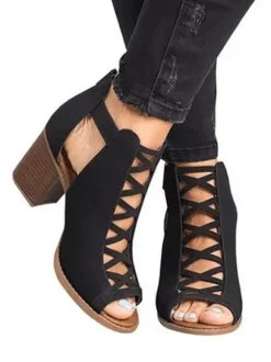 Sandales à talons noirs pour femmes talon aiguille bout ouvert en cuir PU sandales à lanières décontractées