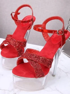 Sandales à talons pour femmes  bride à la cheville et talon transparent  sandales à talons rouges en tissu à paillettes sexy