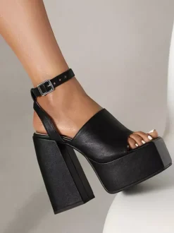 Sandales à talons pour femmes Bout carré Talon épais Sandales en faux cuir
