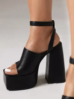 Sandales à talons pour femmes Bout carré Talon épais Sandales en faux cuir