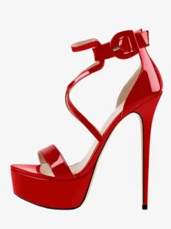 Sandales À Talons Sexy Noires Plateforme Verni Bride À La Cheville Chaussures À Talons Hauts