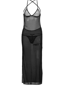 Séduisante mini robe sexy en nylon noire fendue élastique