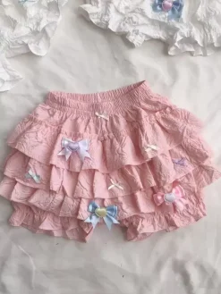 Short Lolita évasé rose avec n艙uds et volants