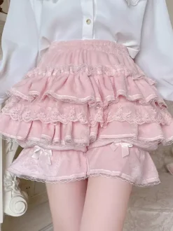 Short Lolita ample en dentelle à volants et pantalon Sweet Lolita rose