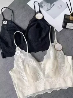 Soutien-gorge court en dentelle sans armatures lingerie transparente à fines bretelles