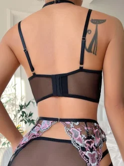 Soutien-Gorge Femme Sous-Vêtement Lingerie 3 Pièces Dentelle Bicolore Noir