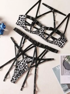 Soutien-Gorge Pour Femme Noir Imprimé Léopard Dentelle 3 Pièces Lingerie Soutiens-Gorge 2026