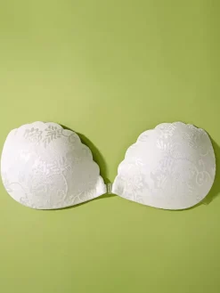 Soutien-gorge push-up adhésif en dentelle florale blanche nude avec cache-tétons et fermeture adhésive sur le devant