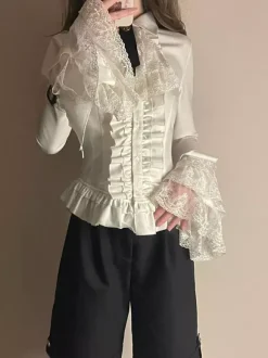 Steampunk Lolita Blouses Chemisier Manches Longues Volants Lolita Top Blouse Blanc Lolita Shirt