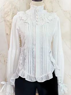 Steampunk Lolita Blouses Top Blanc Col Haut Dentelle Volant