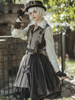 Steampunk Lolita Cardigan Ouji Style Coton Mélange Velours Métal Détails Brun Belle Lolita Pardessus