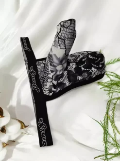 String pour homme en dentelle florale argentée avec poche en maille transparente et sous-vêtement sexy et élastique