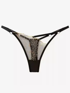 String sans entrejambe en dentelle noire brodée de fleurs lingerie féminine