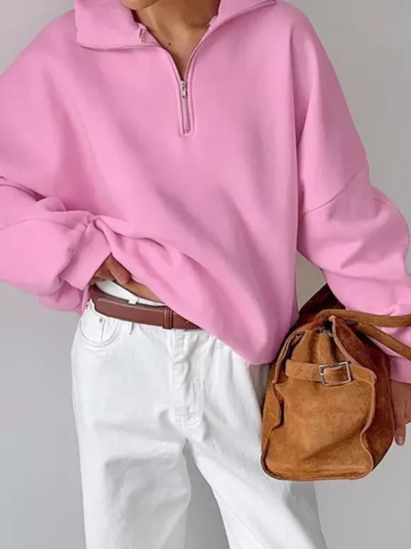 Sweat-shirt oversize à demi-zip col montant et épaules tombantes manches longues