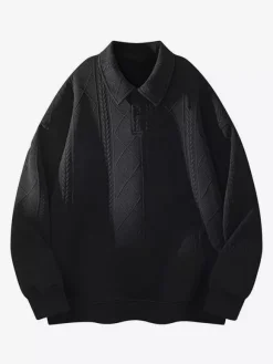 Sweat-shirt texturé pour homme col rabattu manches longues style polo rétro avec poignets et ourlet côtelés