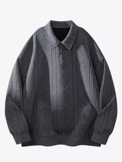 Sweat-shirt texturé pour homme col rabattu manches longues style polo rétro avec poignets et ourlet côtelés