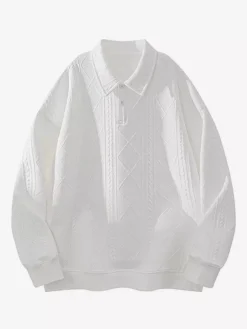 Sweat-shirt texturé pour homme col rabattu manches longues style polo rétro avec poignets et ourlet côtelés