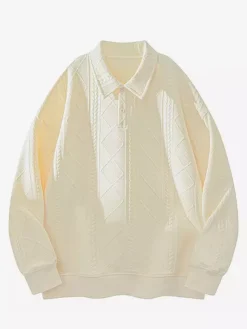 Sweat-shirt texturé pour homme col rabattu manches longues style polo rétro avec poignets et ourlet côtelés