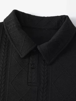 Sweat-shirt texturé pour homme col rabattu manches longues style polo rétro avec poignets et ourlet côtelés