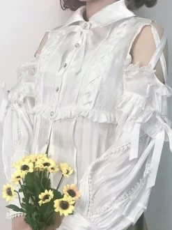 Sweet Lolita Blouses Polyester Lace Up Manches Longues Top Décontracté Chemise Lolita Abricot Léger