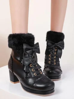 Sweet Lolita Bottes N艙uds Fausse Fourrure Évider Talon Chunky Chaussures Lolita