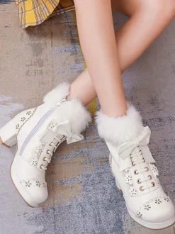 Sweet Lolita Bottes N艙uds Fausse Fourrure Évider Talon Chunky Chaussures Lolita